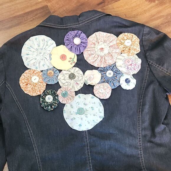 Vintage Lightweight Dark Denim Stretch Upcycled Statement Blazer Jacket - Picture 8 of 9